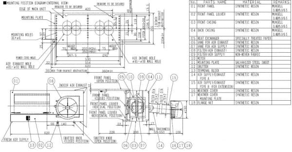 Vl 100EU5 E CAD schema montaj recuperator Mitsubishi Electric Lossnay 1