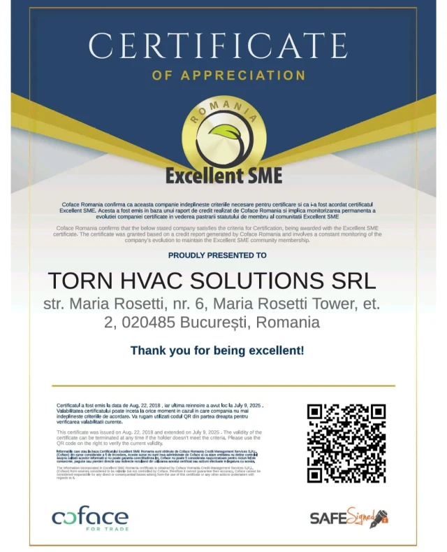 🥇 Inca o data dovedim cu mandrie ca suntem o companie de incredere din punct de vedere al riscului comercial si sigurantei in afaceri.

Al 7-lea an consecutiv si suntem premiati cu certificatul #ExcellentSME de Coface Romania!

🪄 Torn HVAC Solutions – acolo unde excelenta este standardul, nu exceptia.

https://torn-climatizare.ro/ 

Pentru o oferta personalizata, contactati unul dintre consultantii nostri:
Bucuresti: str. Maria Rosetti, nr. 6, Maria Rosetti Tower, et. 2
Craiova: bd. Carol I, nr. 73, Depozit si Showroom: str. Aeroportului, nr. 193A, Carcea
☎Telefon: 0371.097.016, 031.438.19.10, 021.555.49.29 (10 linii)
📅Program: luni-vineri, 9 a.m. – 18:00 p.m.
✉Adresa de e-mail: office@torn-climatizare.ro
🛒 https://torn-climatizare.ro/
